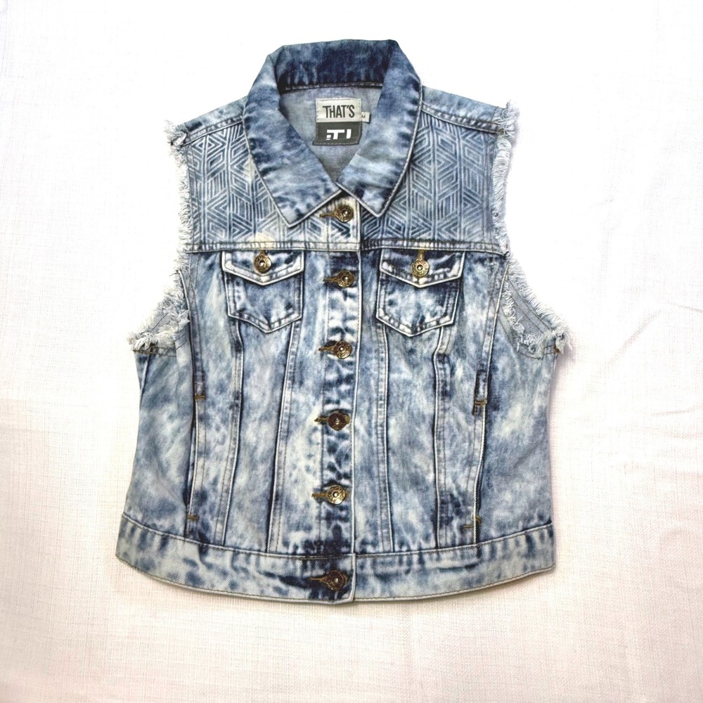 Thats IT Acid Wash Denim Vest Frayed Sleeveless‎ Jean Jacket Blue M